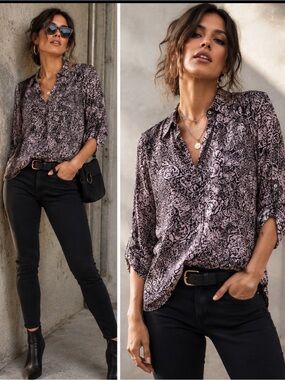 Abstract Floral Roll Tab Utility Blouse Black Button Front Career Casual Small